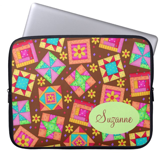 Funda Para Portátil Chocolate Brown Patchwork Quilt Art Blocks (Frente)