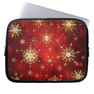 Funda Para Portátil Christmas Golden Snowflakes on Red Background