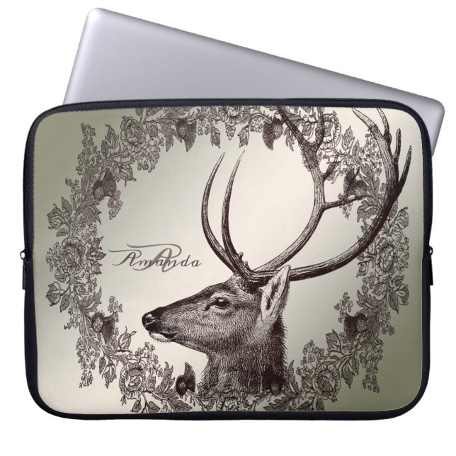 Funda Para Portátil Christmas Monogram Floral Reindeer Golden Winter (Frente)