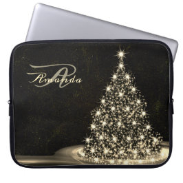 Funda Para Portátil Christmas Monogram Golden Shiny Tree Winter Black