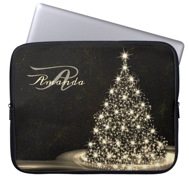 Funda Para Portátil Christmas Monogram Golden Shiny Tree Winter Black (Frente)