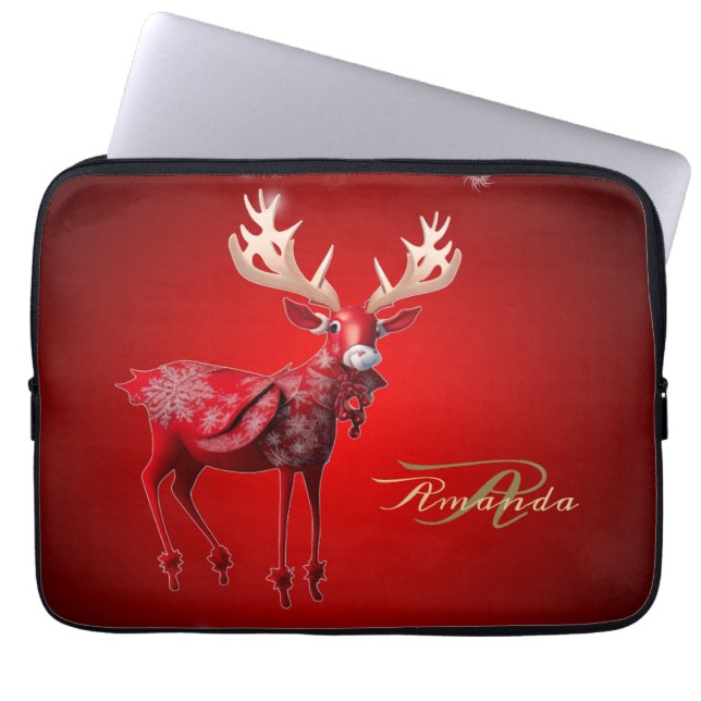 Funda Para Portátil Christmas Monogram Red Reindeer Winter Holidays (Frente)