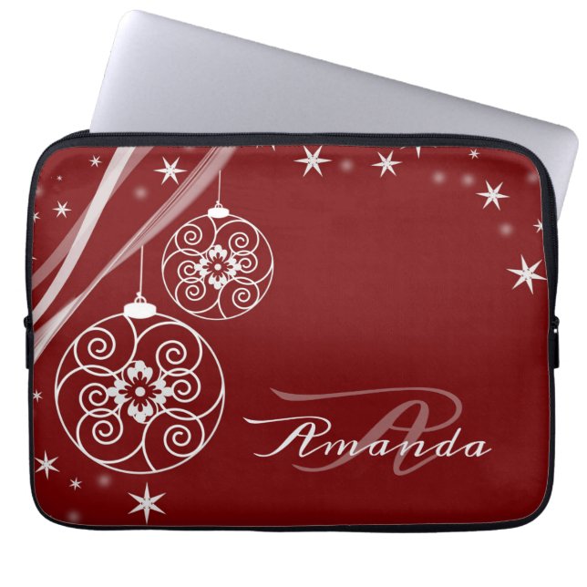 Funda Para Portátil Christmas Monogram White Ornaments Red Elegant (Frente)