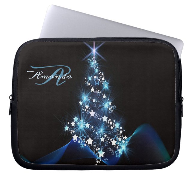 Funda Para Portátil Christmas Party Blue Tree Shiny Black Elegant (Frente)