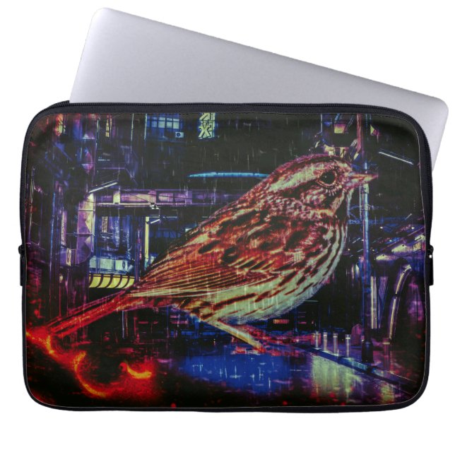 Funda Para Portátil Ciberpunk Sparrow en Neon Cityscape (Frente)