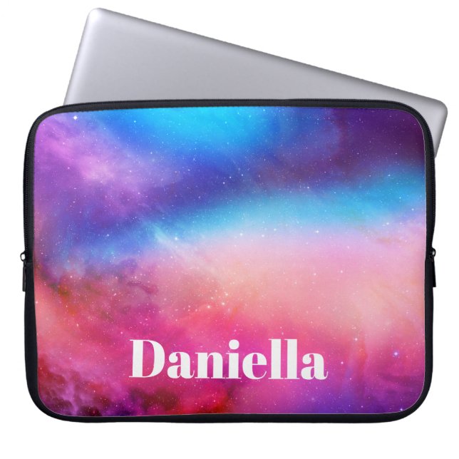 Funda Para Portátil Cielo holográfico azul oscuro y rosa con nombre pe (Frente)