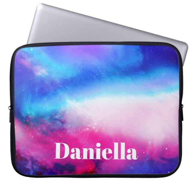 Funda Para Portátil Cielo holográfico azul oscuro y rosa con nombre pe (Frente)