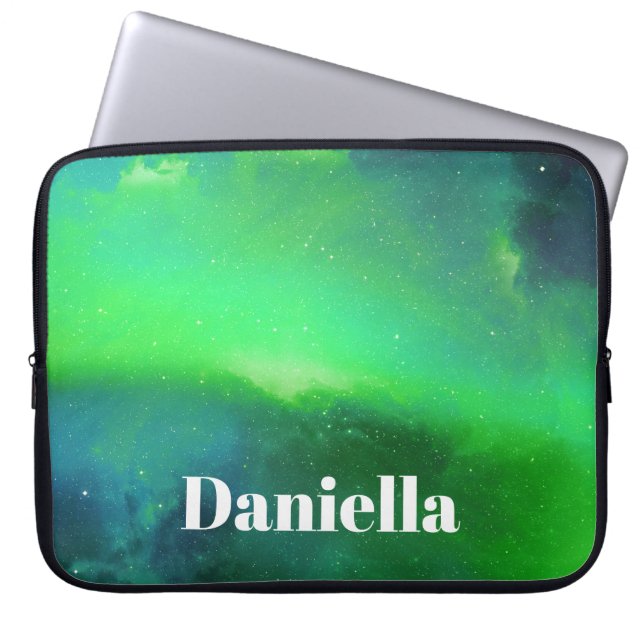 Funda Para Portátil Cielo holográfico verde oscuro con nombre personal (Frente)
