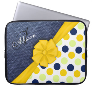 Funda Para Portátil Cinta amarilla, tela jeans, monograma patrón punto