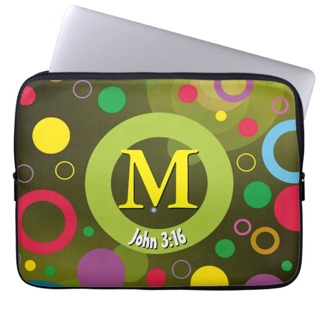 Funda Para Portátil Círculos Escritura Monograma GREEN personalizado (Frente)
