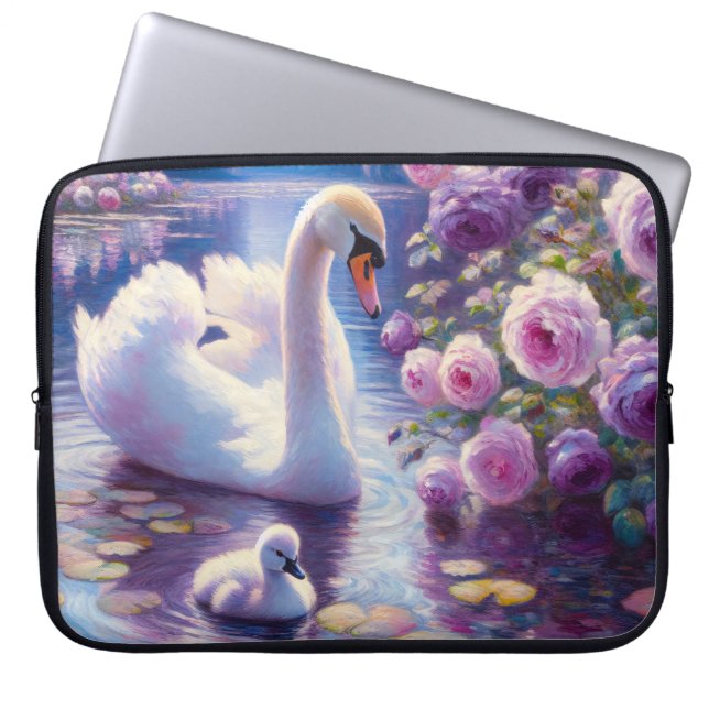 Funda Para Portátil Cisne blanco con Rosas morados (Frente)