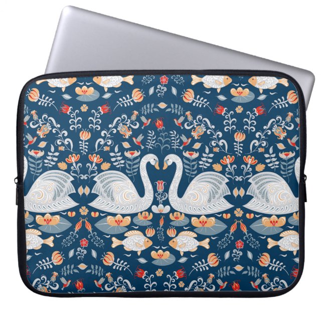 Funda Para Portátil Cisnes, peces, flores, patrones folclóricos. (Frente)