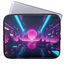 Ciudad ciberpunk neón paisaje synthwave retro tecn