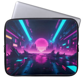 Funda Para Portátil Ciudad ciberpunk neón paisaje synthwave retro tecn