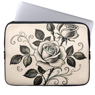 Funda Para Portátil Clásica Rosa Negra Floral Botánica Vintage