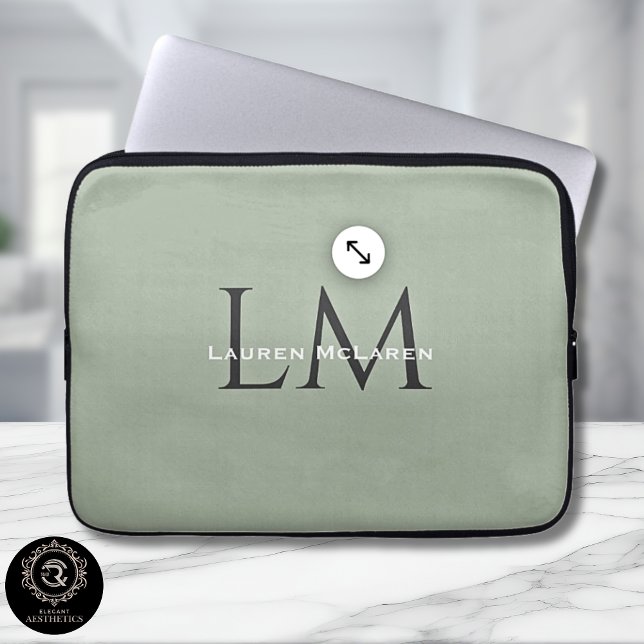Funda Para Portátil Classic Sage Green Monogram Tech Style  (Classic Sage Green Monogram Tech Style Laptop Sleeve)