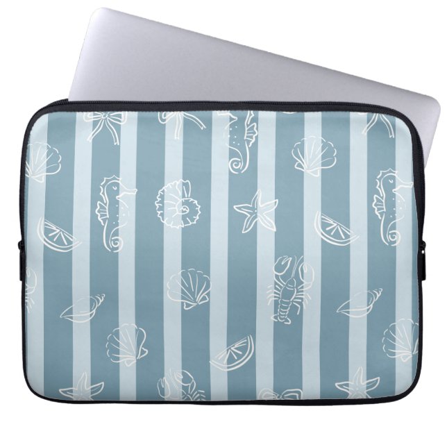 Funda Para Portátil Coastal Nautical Pattern | Blue Sea Shell & Seahor (Frente)