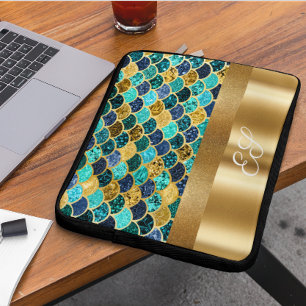 Funda Para Portátil Cola de Sirena de Purpurina Dorada Escamas Monogra