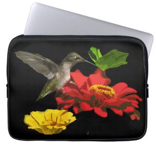 Funda Para Portátil Colibrí en Zinnias rojos y amarillos