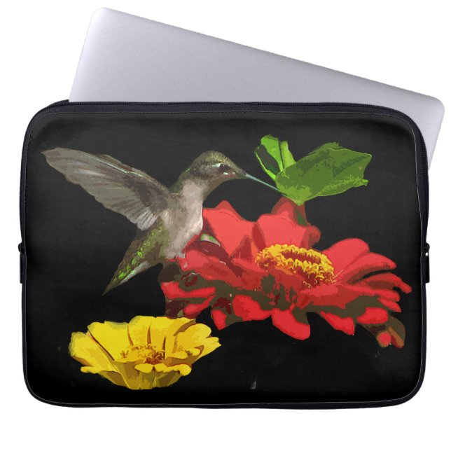 Funda Para Portátil Colibrí en Zinnias rojos y amarillos (Frente)