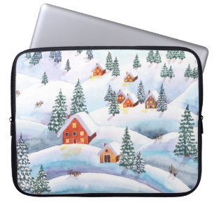 Funda Para Portátil Colinas nevadas, casas: paisaje acuático