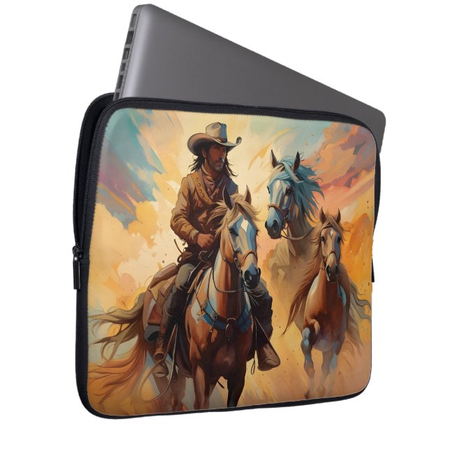 Funda Para Portátil Collage azul de Tan de Cowboy Western Horses (Anverso derecho)