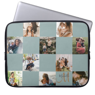 Funda Para Portátil Collage de Fotos Verde y Dorado con Monograma