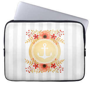 Funda Para Portátil Color de agua del ancla náutica dorada a rayas