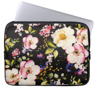 Funda Para Portátil Color de agua rosa Rozas amarillas fondo negro
