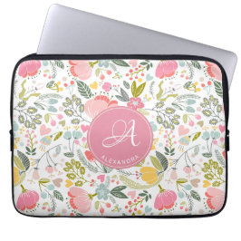 Funda Para Portátil Color de agua rosada Patrón floral Monograma Nombr