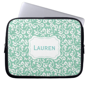 Funda Para Portátil Color de Personalizable Monograma Floral, Verde de