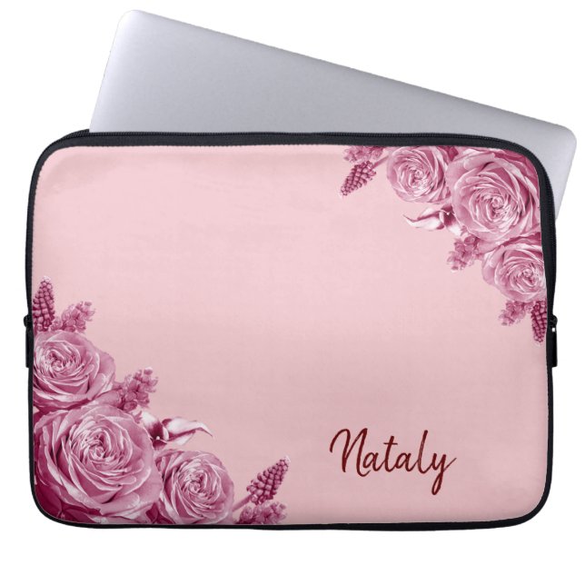 Funda Para Portátil Composición de flor rosa con nombre (Frente)