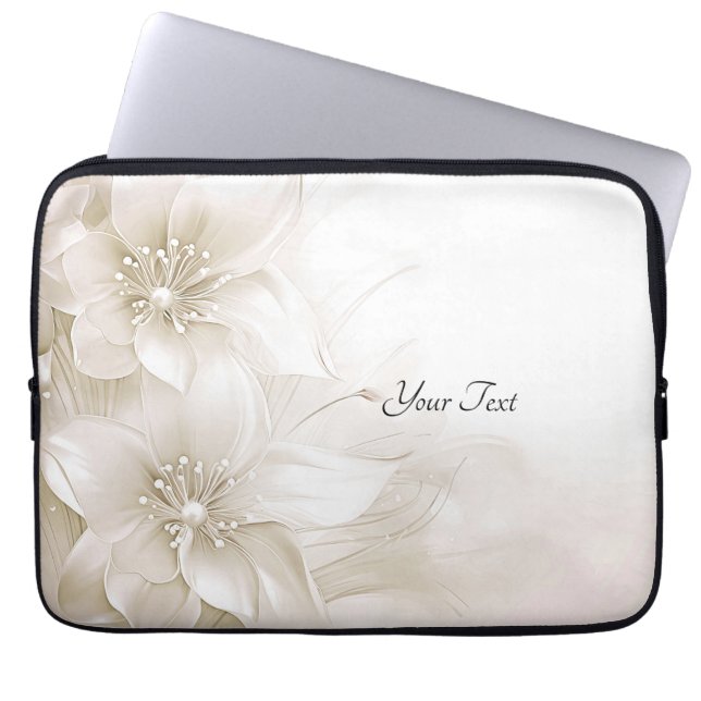 Funda para portátil con flores blancas de marfil (Frente)