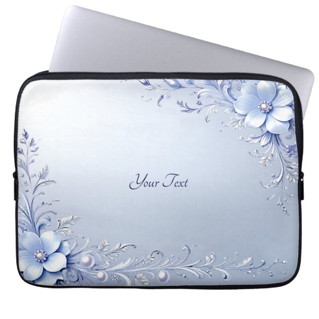 Funda para Portátil con Flores Ornamentadas Azules (Frente)