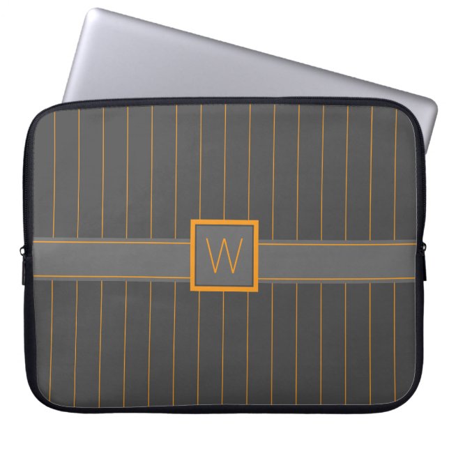 Funda para portátil con rayas naranjas sobre gris (Frente)