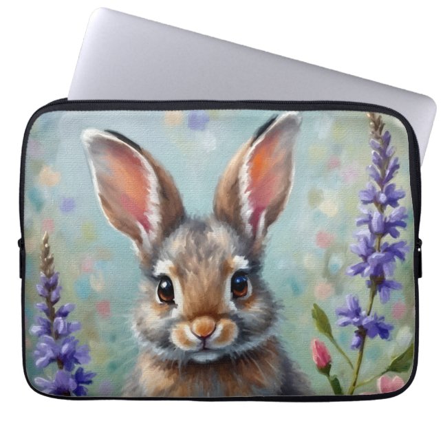 Funda Para Portátil Conejo fluido en un campo de flores (Frente)