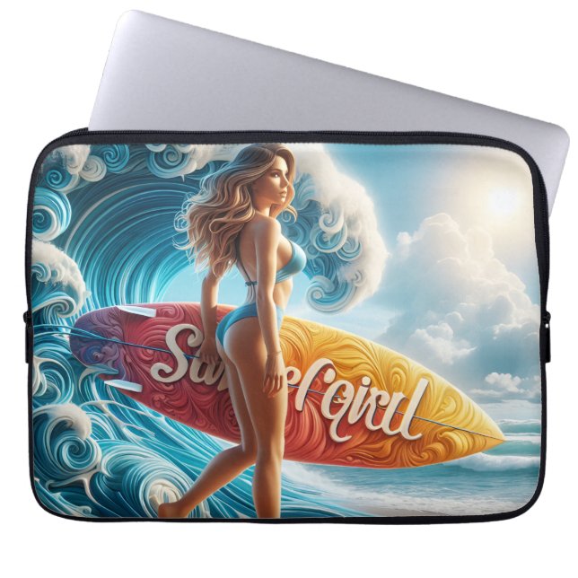 Funda Para Portátil Confident Surfer Girl Walking Beach Waves Art (Frente)