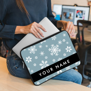 Funda Para Portátil Copos de nieve blancos, gris, tu nombre, personifi