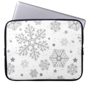 Funda Para Portátil Copos de nieve plateados en blanco