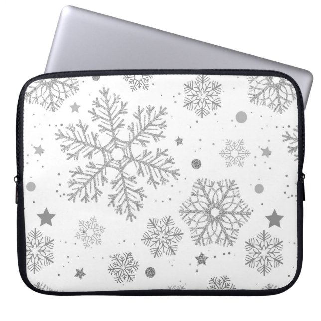 Funda Para Portátil Copos de nieve plateados en blanco (Frente)