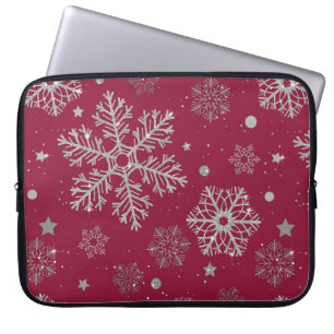 Funda Para Portátil Copos de nieve plateados en rojo oscuro