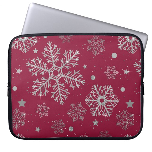 Funda Para Portátil Copos de nieve plateados en rojo oscuro (Frente)