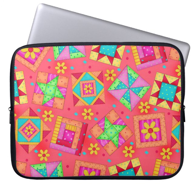 Funda Para Portátil Coral Red Quilt Block Art Laptop Sleeve (Frente)