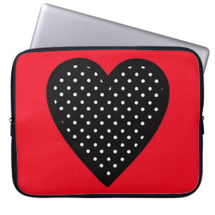 Funda Para Portátil Corazón negro retro del lunar en fondo rojo