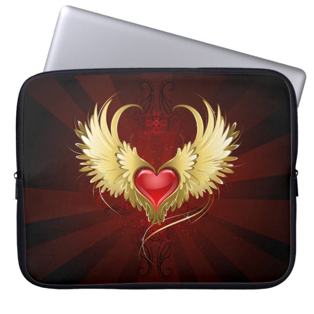 Funda Para Portátil Corazón Rojo con Alas Doradas (Frente)