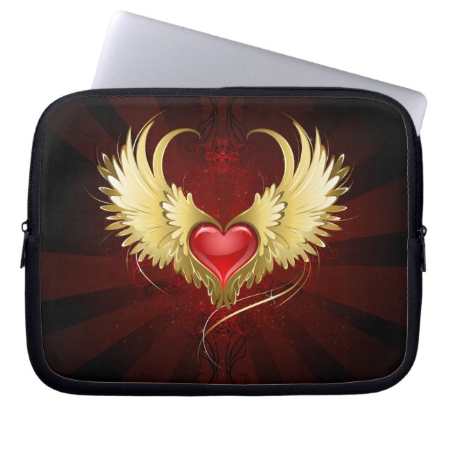 Funda Para Portátil Corazón Rojo con Alas Doradas (Frente)