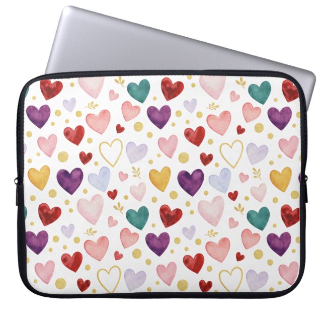 Funda Para Portátil Corazones de Acuarela de Arcoíris Vibrante (Frente)
