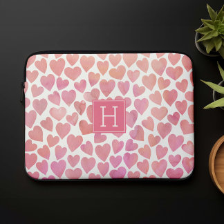 Funda Para Portátil Corazones de color de agua rosada monogramados