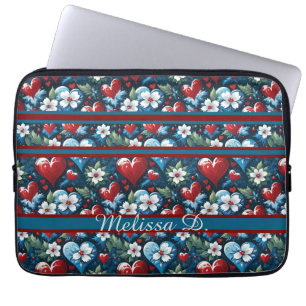 Funda Para Portátil Corazones de Navidades florales en azul rojo y ver