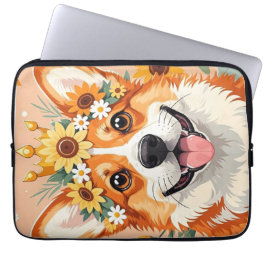 Funda Para Portátil Corona de perro de corgi alegre de margaritas y gi